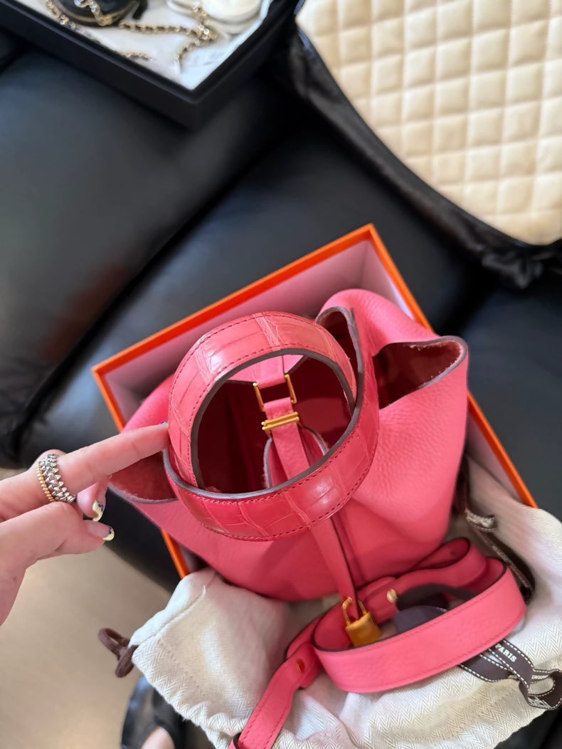 Hermès Picotin Touch lipstick pink crocodile leather gold hardware