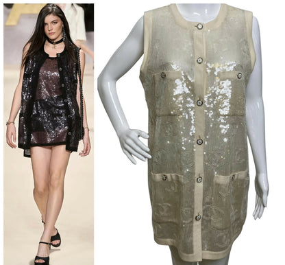 Rare Chanel 22S CC Sequin Cream Iridescent Vest Mini Dress Waistcoat Cardigan FR 40