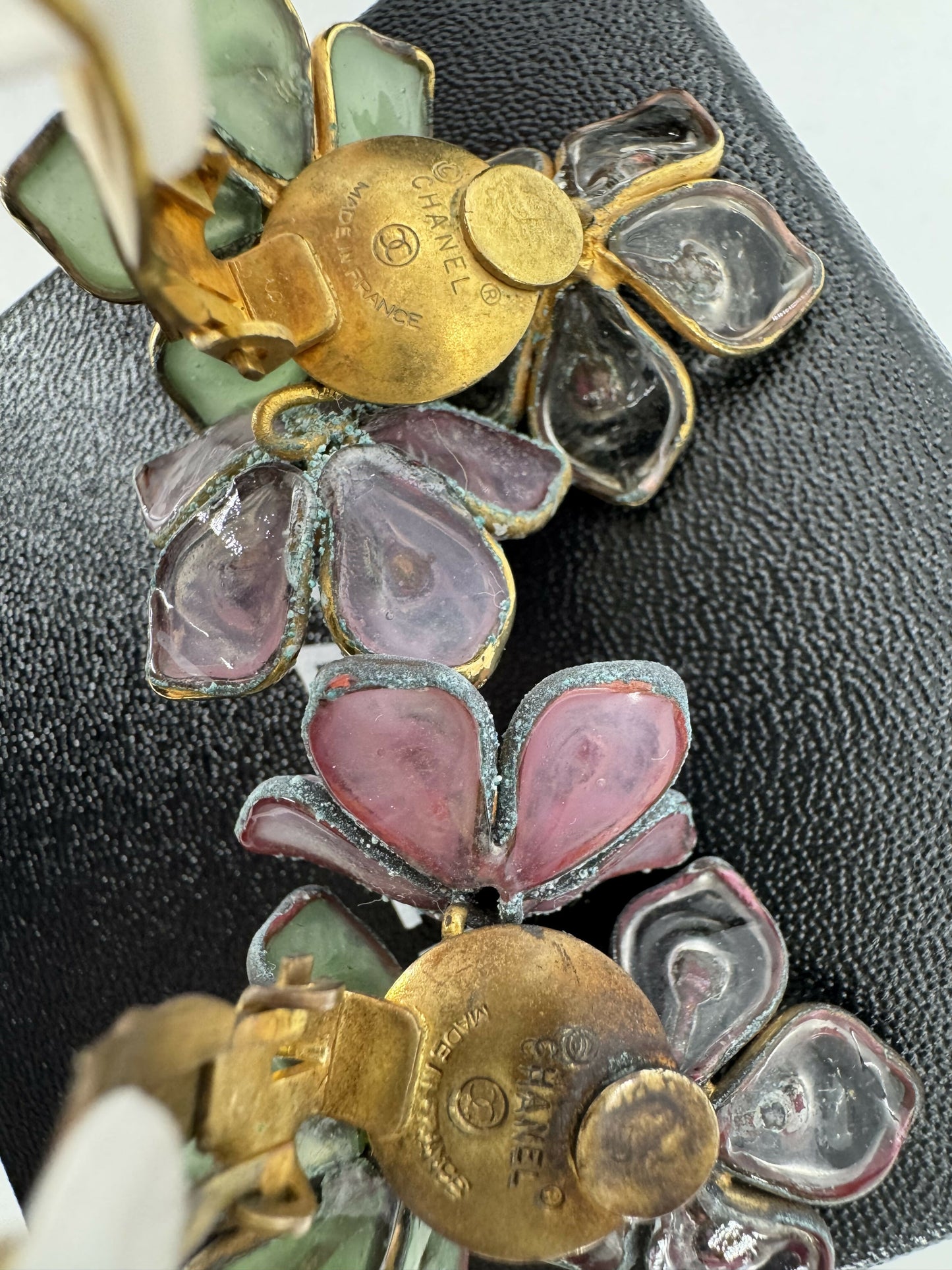 Chanel Vintage 71-80 Rhinestone Pink and Green Flower Earrings