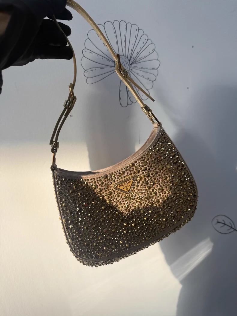 Prada yellow rhinestone satin shoulder bag, covered in super sparkly rhinestones