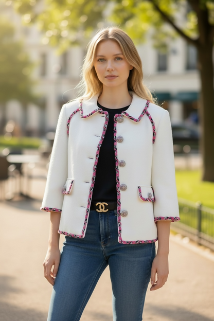 Rare Chanel 15C Dubai Swarovski Crystals White Multicolor Braided Trim Short Jacket FR 38