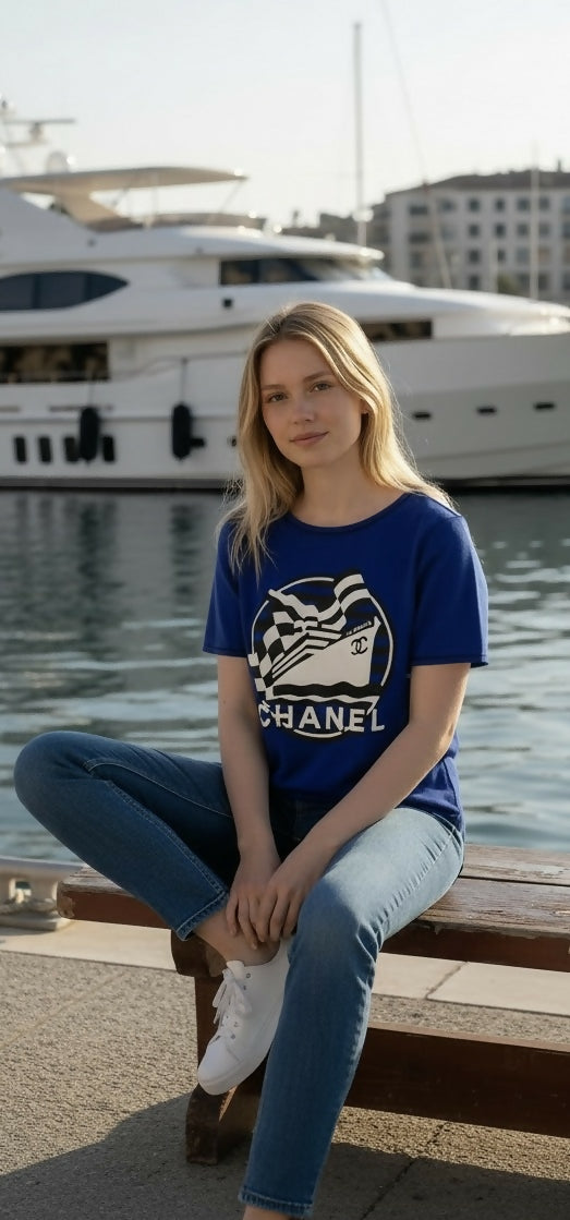 Chanel 19C La Pausa Runway Blue Blouse Top Shirt FR 34