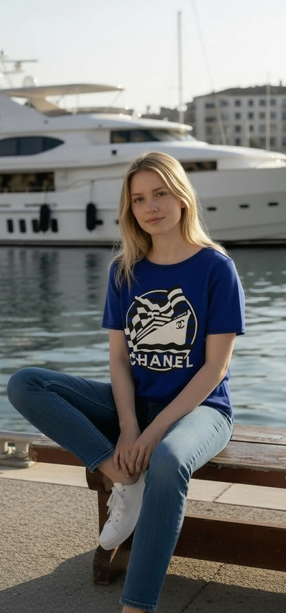 Chanel 19C La Pausa Runway Blue Blouse Top Shirt FR 34
