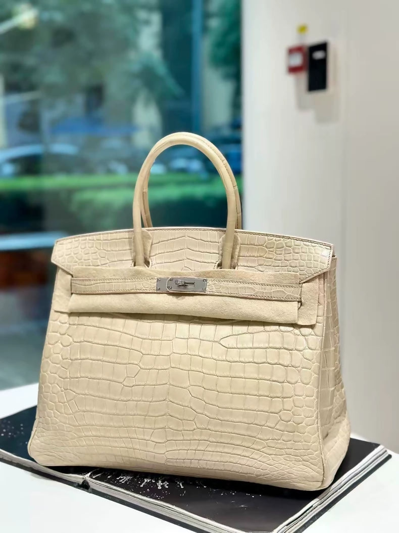 Hermes Birkin 35 wool white matte alligator leather Palladium hardware
