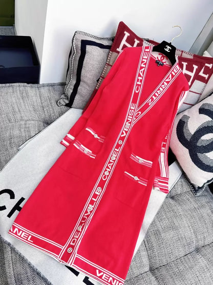 Chanel 20C Red Logo Long Knit Cardigan