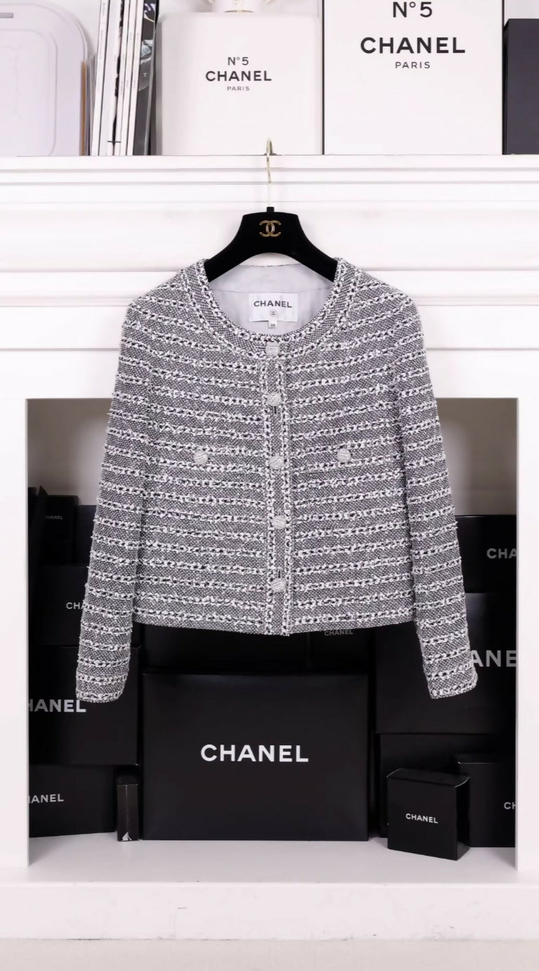 Chanel 24P gray and white striped jacket and skirt suit