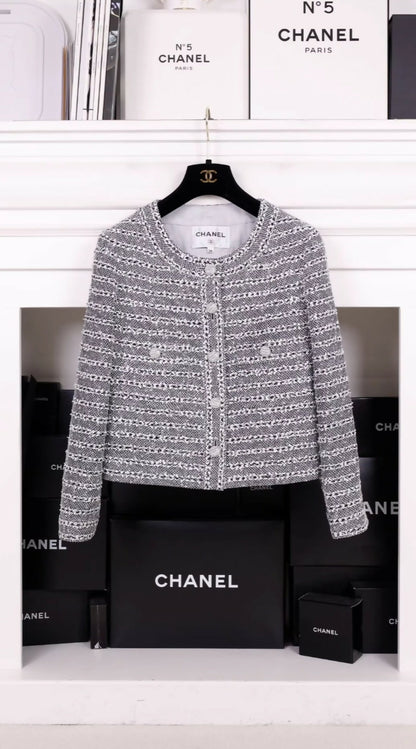 Chanel 24P gray and white striped jacket and skirt suit