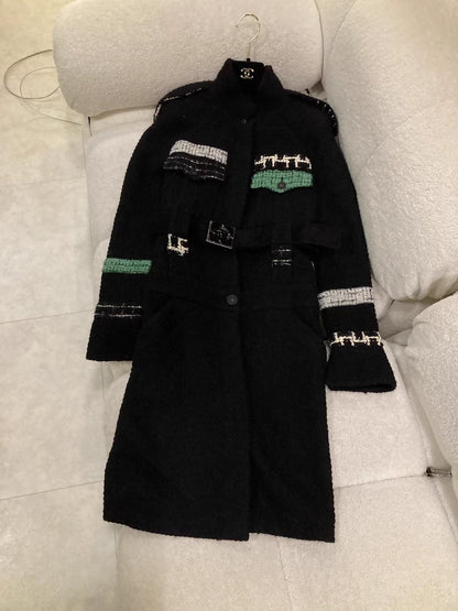 Chanel 2009 Black and Green Military Shoulder Coat with Belt