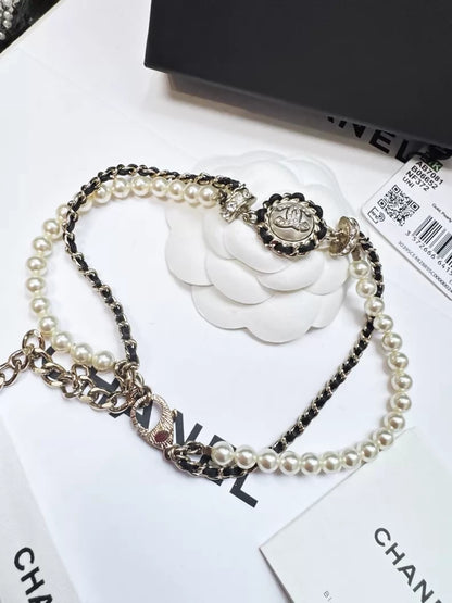 Chanel 21K pearl and rhinestone double-layered leather chain choker necklace