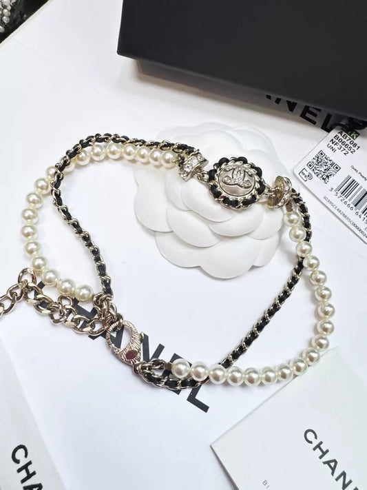 Chanel 21K pearl and rhinestone double-layered leather chain choker necklace