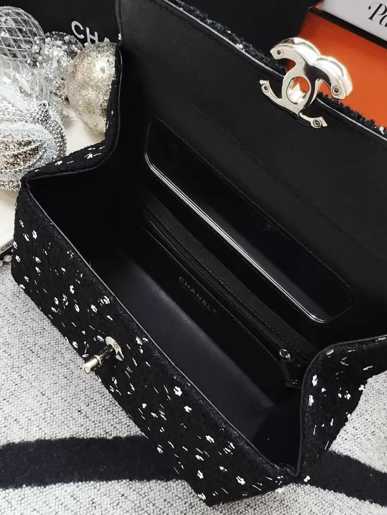 Chanel 23K black tweed camellia sequined long box ba