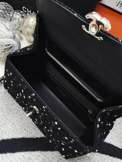 Chanel 23K black tweed camellia sequined long box ba
