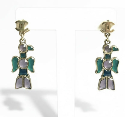 Rare Chanel 07A CC Aztec Bird Multicolor Gripoix Stone Drop Earrings