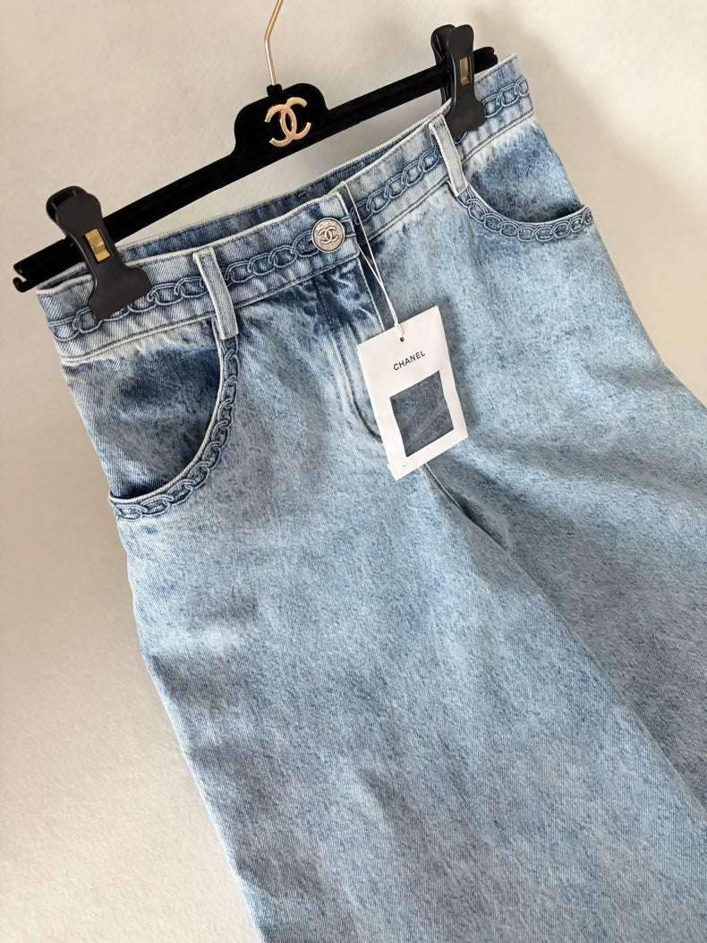 Chanel 26P embroidered blue wide-leg trousers