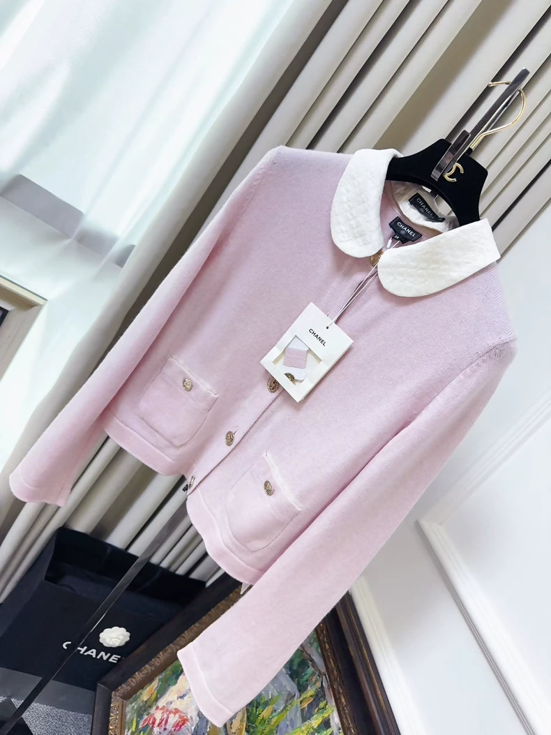 Chanel 25B Pink white Collar Cardigan