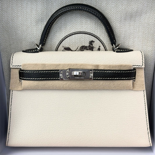 Hermès Mini Kelly 20 "Panda" Nata & Noir Chèvre Mysore with Palladium Hardware