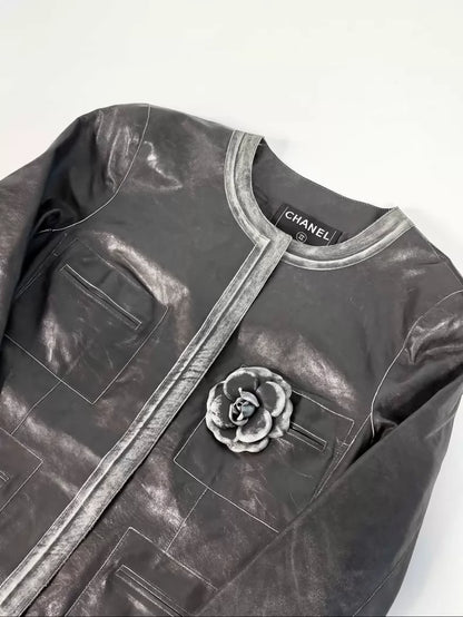 Chanel 03P Grey Leather Camellia Jacket