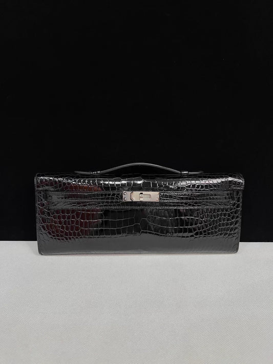 Hermes Kelly Cut Black shiny Crocodile Leather with palladium hardware