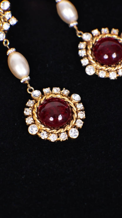 Vintage Chanel 1990s Red and Green Glass Rhinestone Pendant Pearl Clip-on Earrings