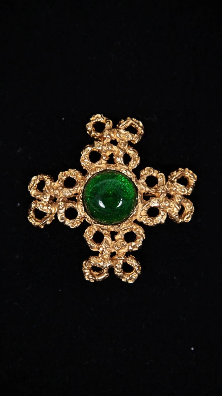 Chanel 1993 Gold Lava Green Glass Cross Brooch
