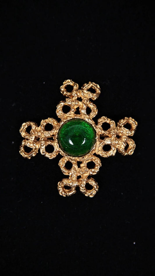 Chanel 1993 Gold Lava Green Glass Cross Brooch