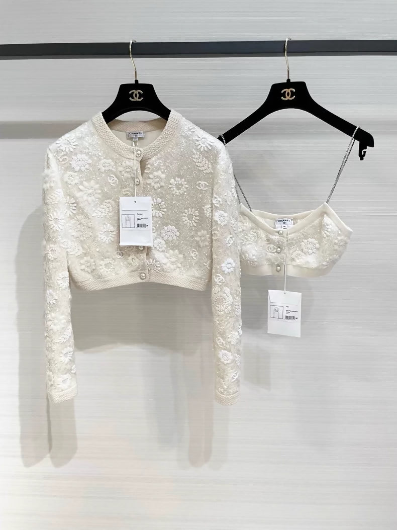 Chanel 21S pearl-embroidered sequined top and cardigan