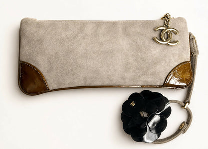 CHANEL TAUPE SUEDE LEATHER CAMELLIA BRACELET WRIST CLUTCH BAG