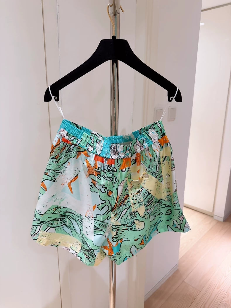 Chanel 26M Coco Beach Colorful Ocean Print Silk Shorts