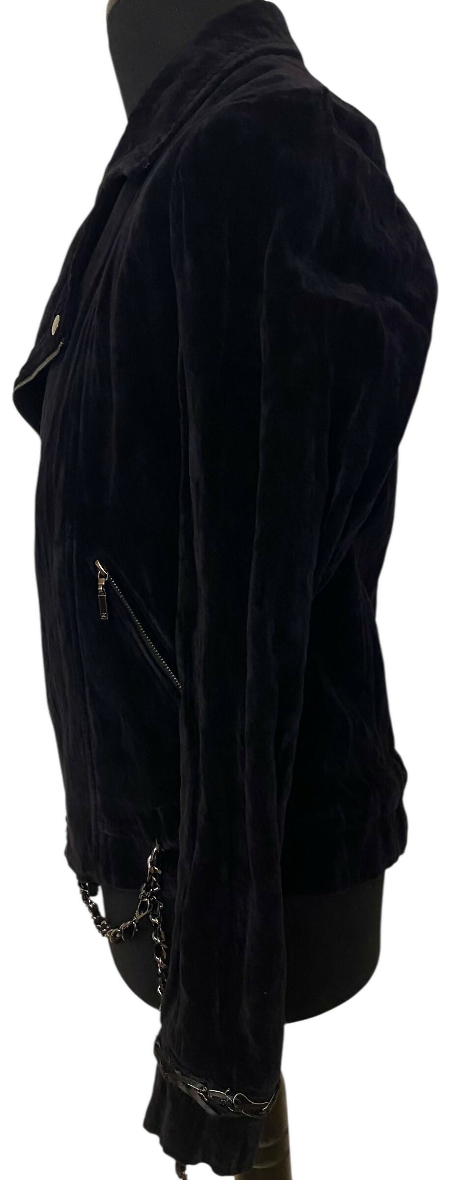Chanel 06A Black Washed Velvet Bomber Biker Jacket Removable Chain Link Belt FR 48