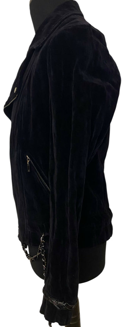 Chanel 06A Black Washed Velvet Bomber Biker Jacket Removable Chain Link Belt FR 48