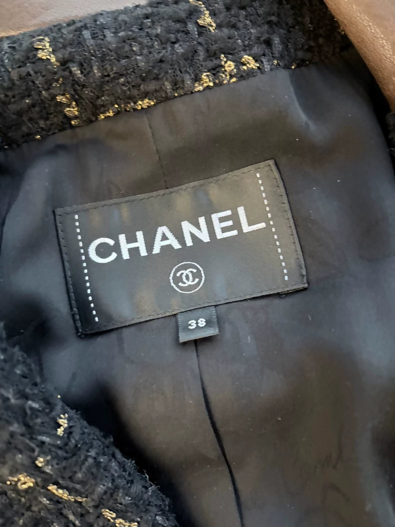 Chanel 16k black and gold tweed & leather jacket
