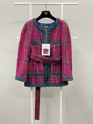 Chanel 18B Rose Red and Plaid Tweed Jacket