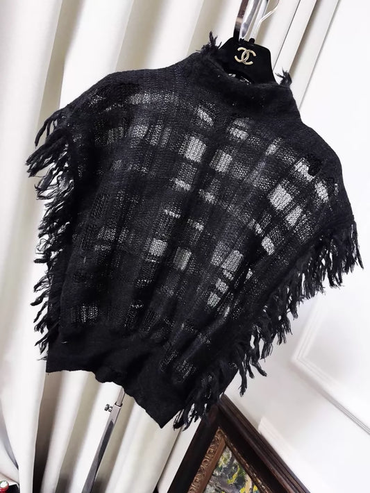Dior black fringed plaid cape top