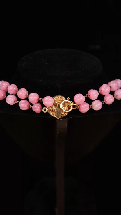 Chanel Pink Glass and Gold Lion Head Long Necklace/Sweater Chain