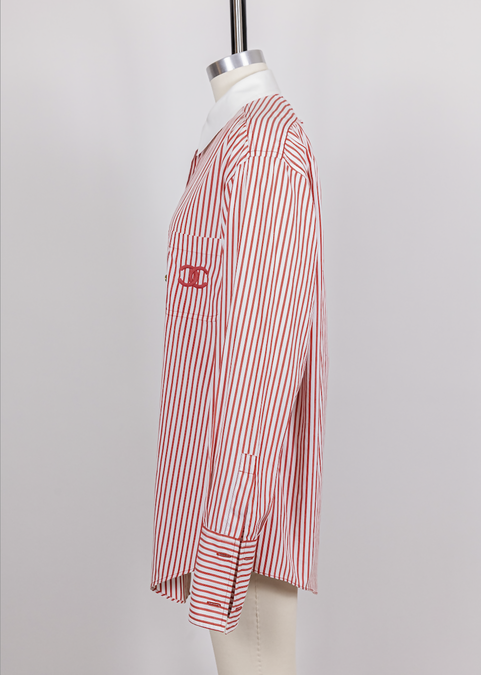 Chanel 1990s Vintage Red Striped Embroidered Logo Button-Down Shirt