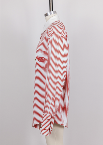 Chanel 1990s Vintage Red Striped Embroidered Logo Button-Down Shirt