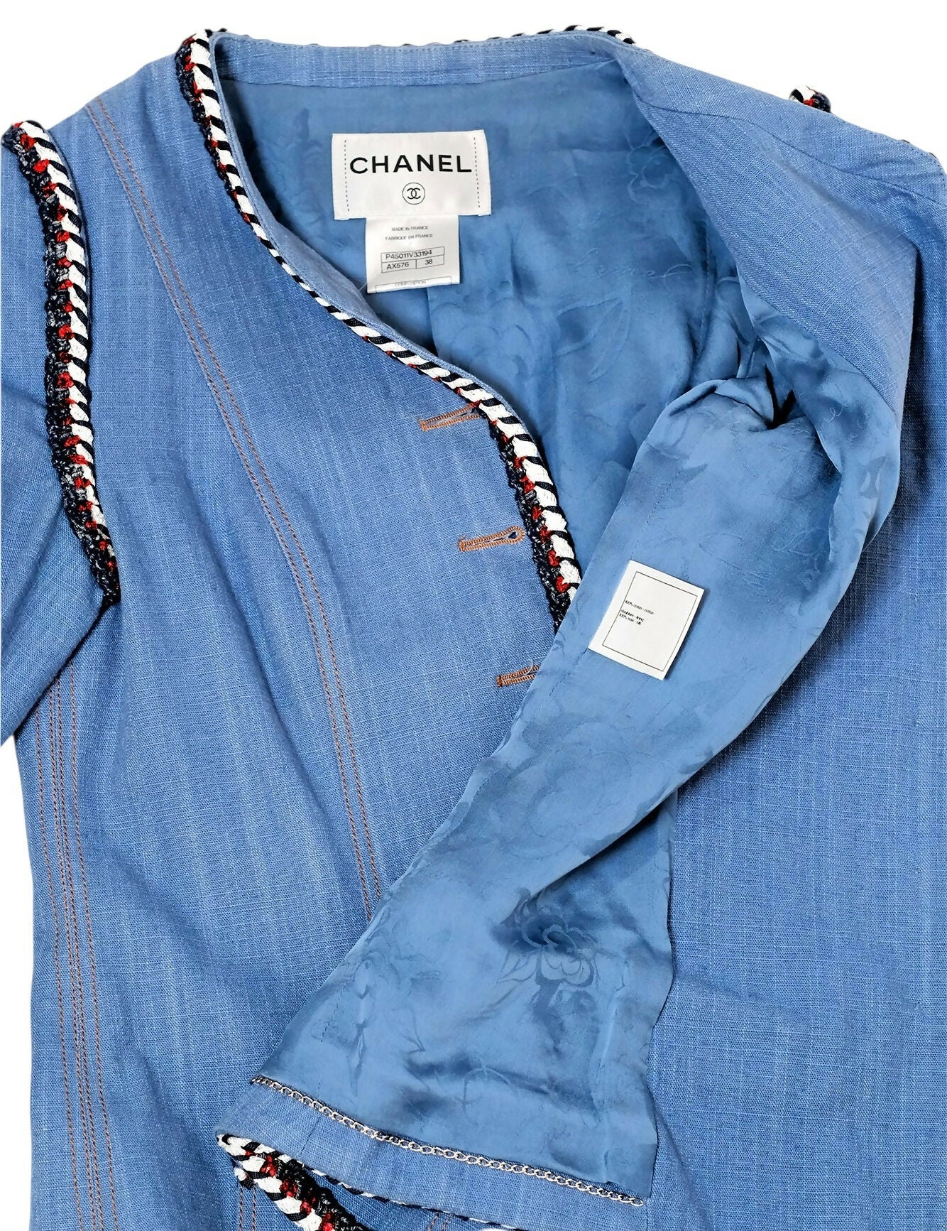 Chanel 13C Paris-Versailles Runway Blue Denim Braided Trim Jacket FR 38