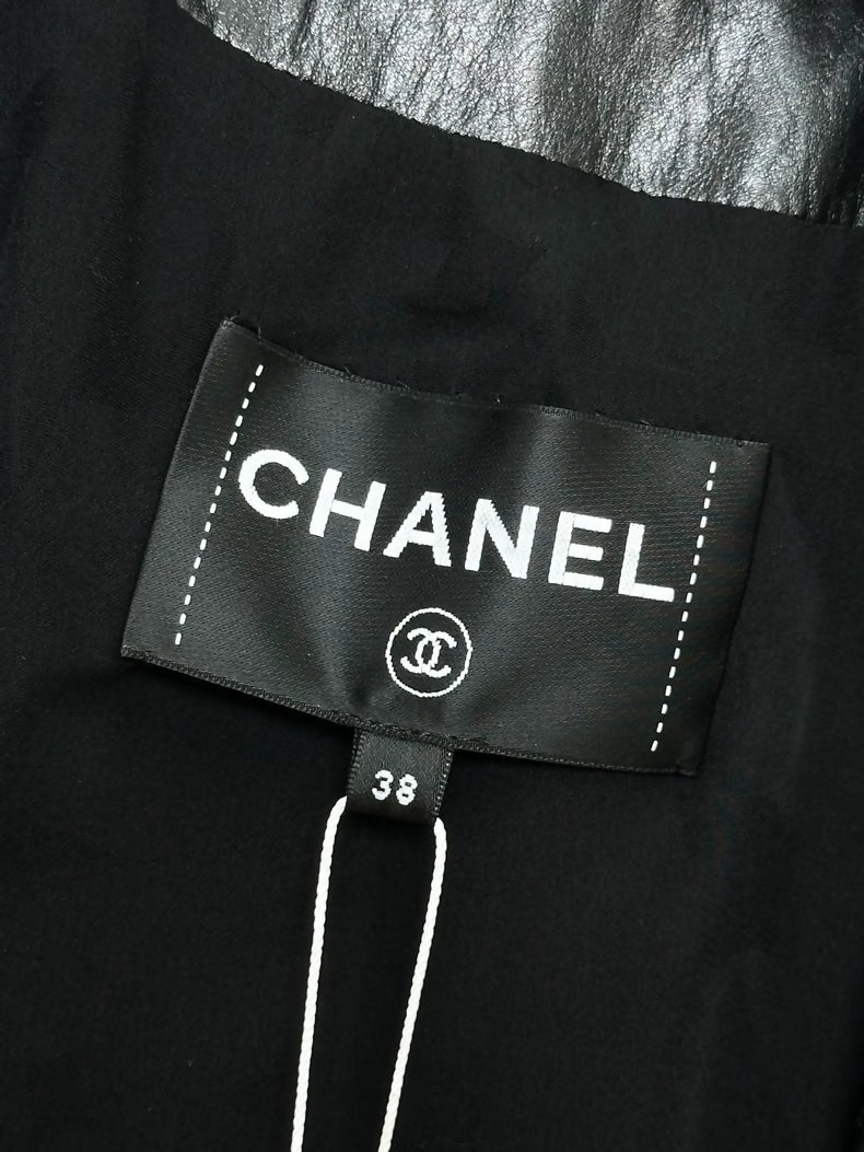 Chanel 23A black leather & lace jacket