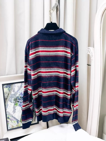 Miumiu Spring/Summer 2026 Blue Velvet Striped Zippered Neck Terry Fabric Polo Shirt top