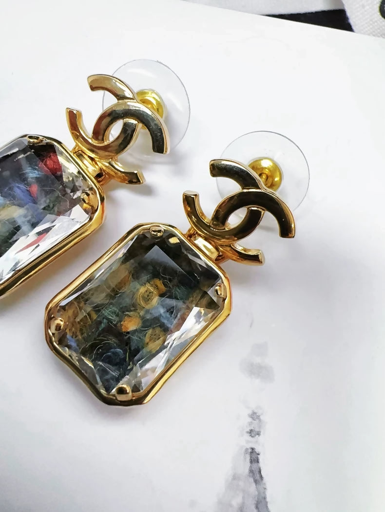 Chanel 22K square crystal blue-green CC earrings