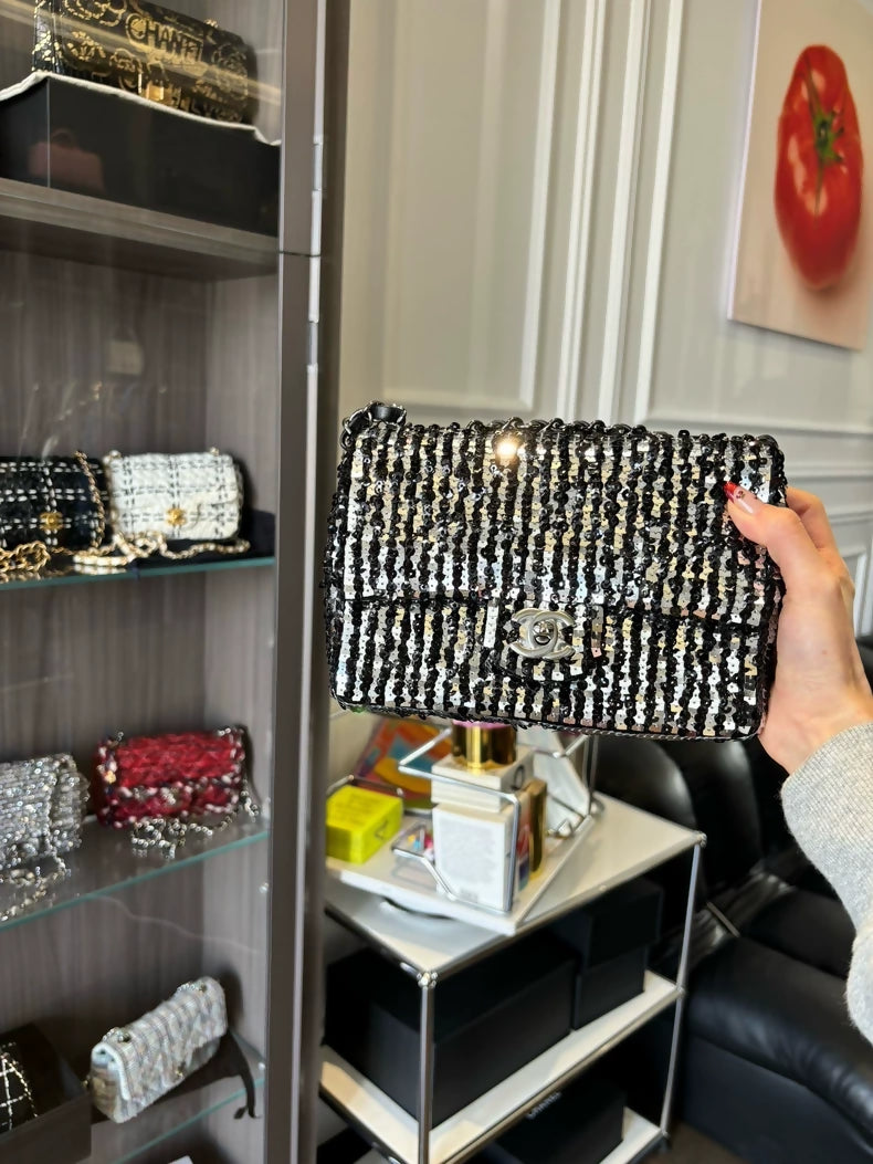 Chanel 23P mini CF black and grey sequined bag