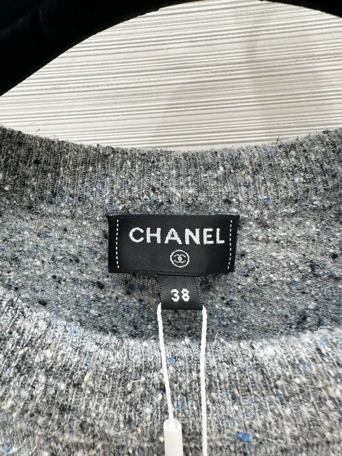 Chanel 26B Grey Shoulder Button Knit Short-Sleeve T-Shirt