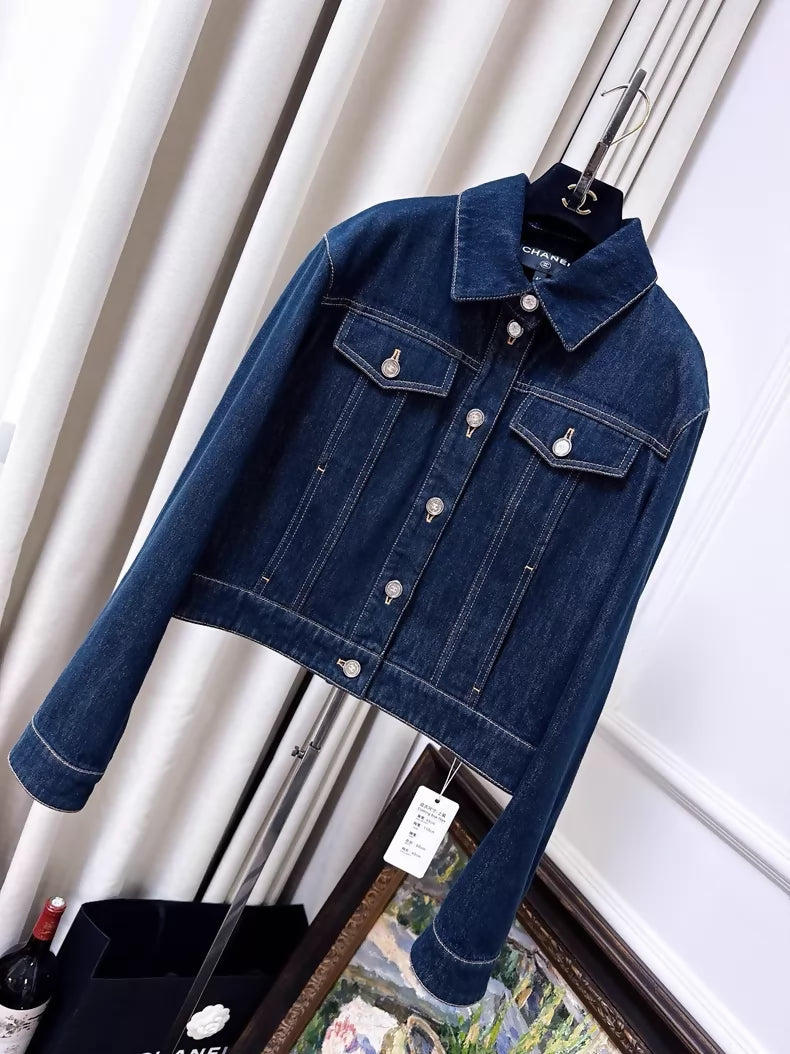 Chanel 25C navy blue denim jacket with silver buttons