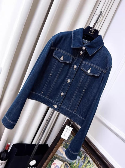 Chanel 25C navy blue denim jacket with silver buttons