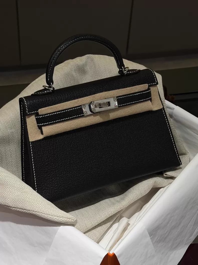 Hermes Mini Kelly 20 black goat leather with white stitching palladium hardware