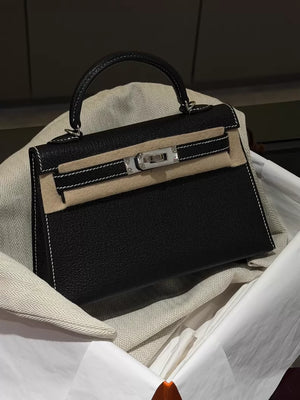 Hermes Mini Kelly 20 black goat leather with white stitching palladium hardware