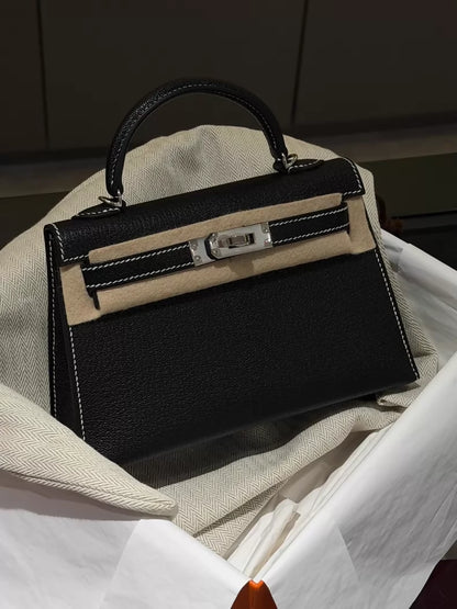 Hermes Mini Kelly 20 black goat leather with white stitching palladium hardware