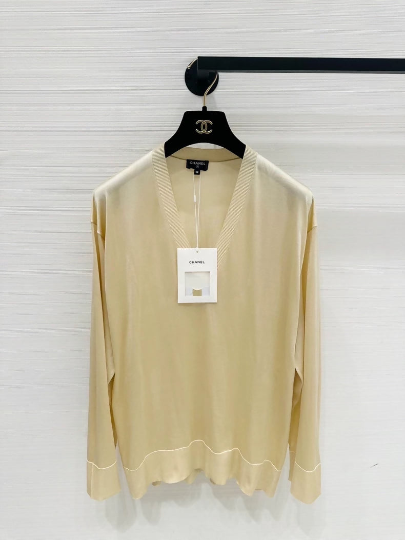 Chanel 26s Yellow V-neck Silk Knit Top, F38