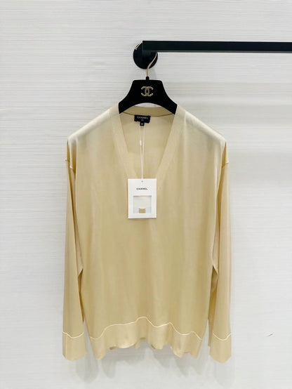Chanel 26s Yellow V-neck Silk Knit Top, F38