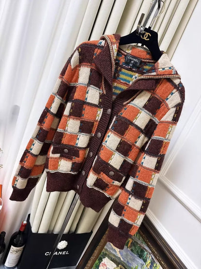 Chanel 18c Khaki and Orange Check cardigan